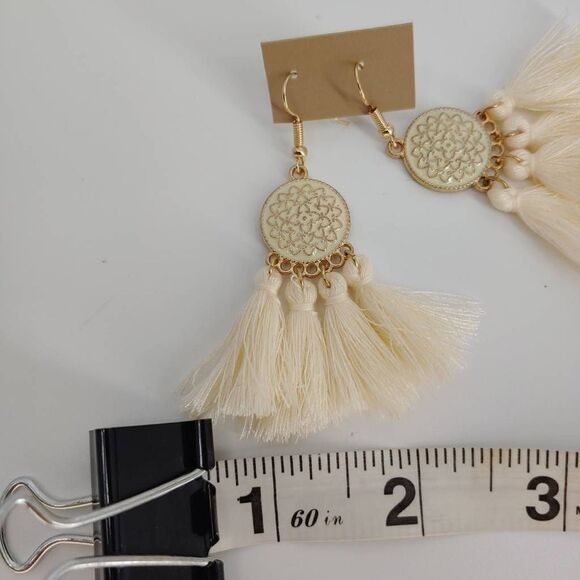 Boho Earrings Dangle Drop Western Carved Geometric Tassel Pendant Gold Tone Hook - Picture 6 of 7